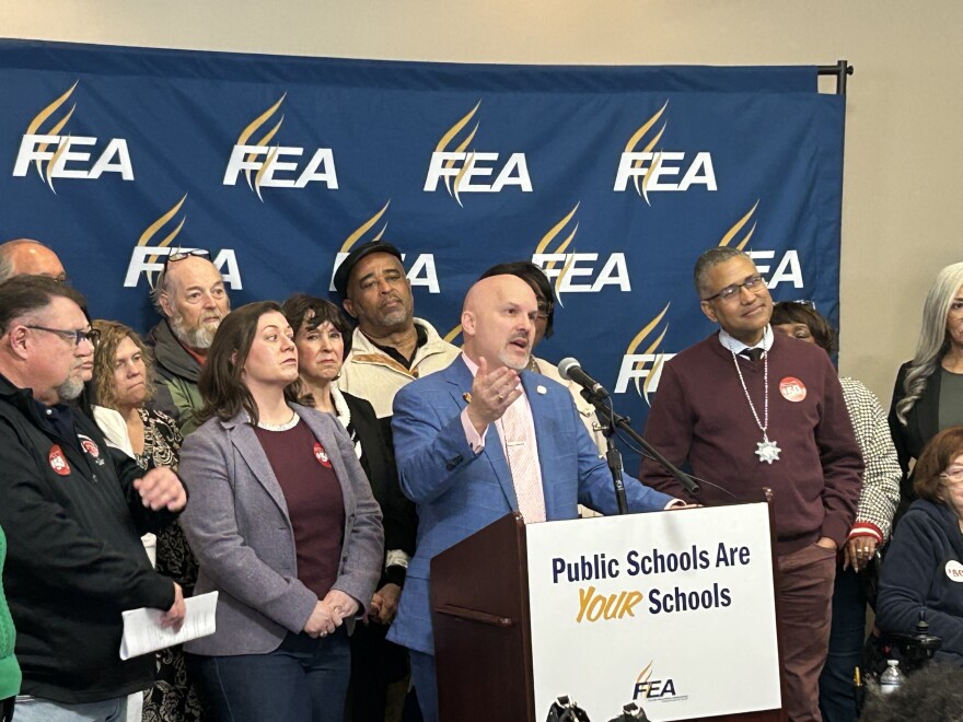 Florida Education Association President Andrew Spar speaking about the state of public education at a Thursday, Feb. 5, 2026, press conference at the teachers union's Tallahassee building.