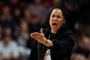 South Carolina head coach Dawn Staley argues a call during the second half of an NCAA college basketball game against Missouri in Columbia, S.C., Thursday, Feb. 26, 2026. (AP Photo/Nell Redmond)