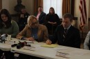 Gov. Janet Mills and Maine Attorney General Aaron Frey listen as mayors from half a dozen cities describe the impact of the ICE crackdown on their residents and businesses. Gov. Mills convened the roundtable discussion Wednesday, Jan. 28, 2026 in Portland.