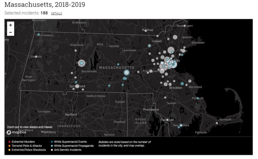 The ADL documents extremist activity on its website. This map shows documented incidents in Massachusetts from January 2018 to March 2019. 