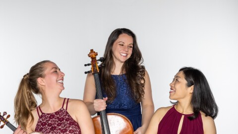 The Champlain Trio: violinist Letitia Quante, cellist Emily Taubl, and pianist Hiromi Fukuda.