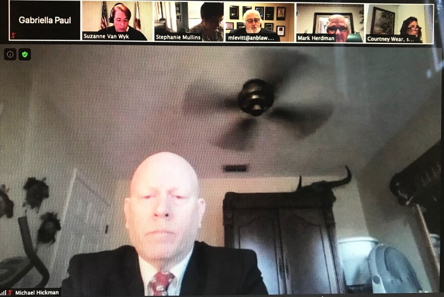 Michael Hickman attends a virtual court hearing discussing his November termination by the school board for using medical marijuana. (Screenshot of hearing)