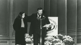 Luciano Pavarotti onstage with a fellow singer at the Academy of Music in the 1980s, during the Pavarotti International Voice Competition.