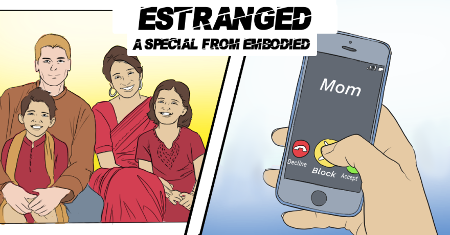 A two-frame illustration. On the left, a mixed race family sits against a yellow background as if posing for a family photo. A white father wearing a brown shirt holds a small boy wearing a red shirt and yellow scarf, and an Indian mother wearing a red sari holding a girl wearing a red dress. On the right, a hand holds a phone with an incoming call from "Mom" against a blue background. The person's thumb is poised over a yellow icon on the phone that says "Block."