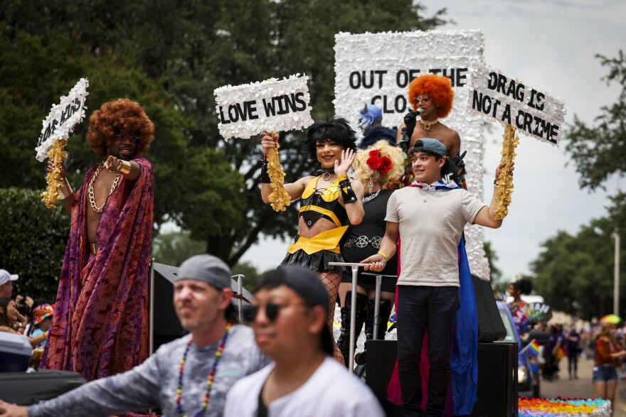 Caven Enterprises float features drag performers during the 2025 Dallas Pride parade in Fair Park on June 15, 2025.