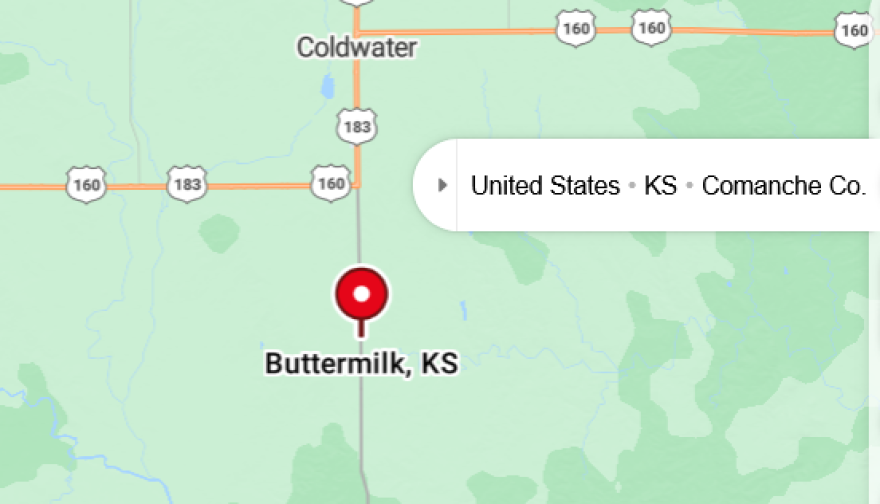 Buttermilk, Kansas, is south of Coldwater and north of the Oklahoma state line.