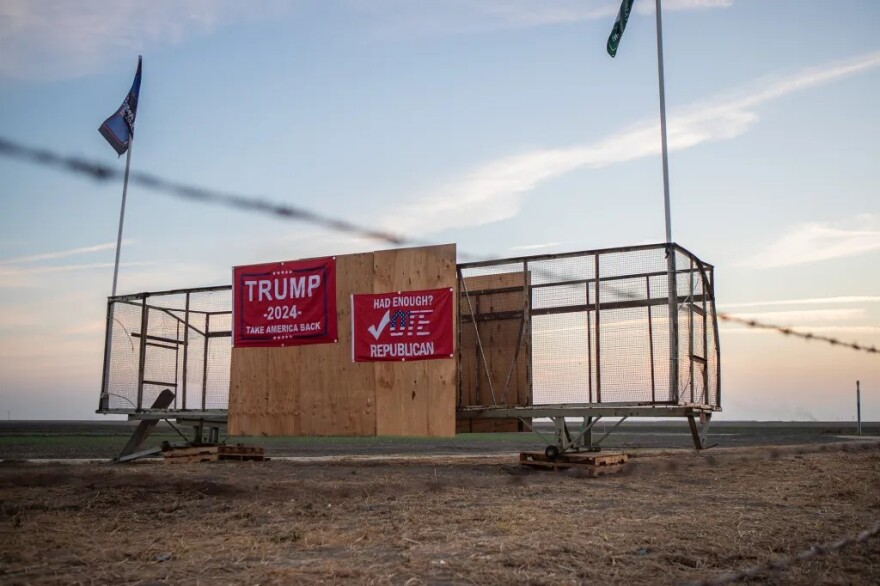 Political signs along Highway 152 leading into Los Banos on Nov. 9, 2024.
