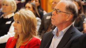Indiana Gov. Mike Braun, right, and First Lady Maureen Braun sit during an event at the Indiana Statehouse on Nov. 18, 2025.