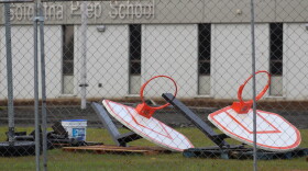 Basketball hoops sit on the lawn at Soldotna Prep School on Tuesday, Oct. 6, 2026 in Soldotna, Alaska.