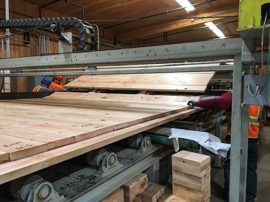 Workers at D.R. Johnson feed a layer of boards as part of the process of making CLT. They first made a small CLT panel for testing; then they made panels to sell. Johnson says within the next six to 12 months, CLT production at her company should create 20 new jobs.