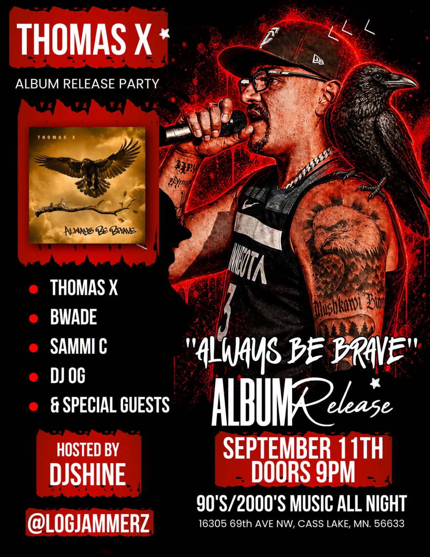 A album release show poster of Thomas X and his "Always Be Brave" album. It shows him with a crow on his shoulder rapping into a microphone.