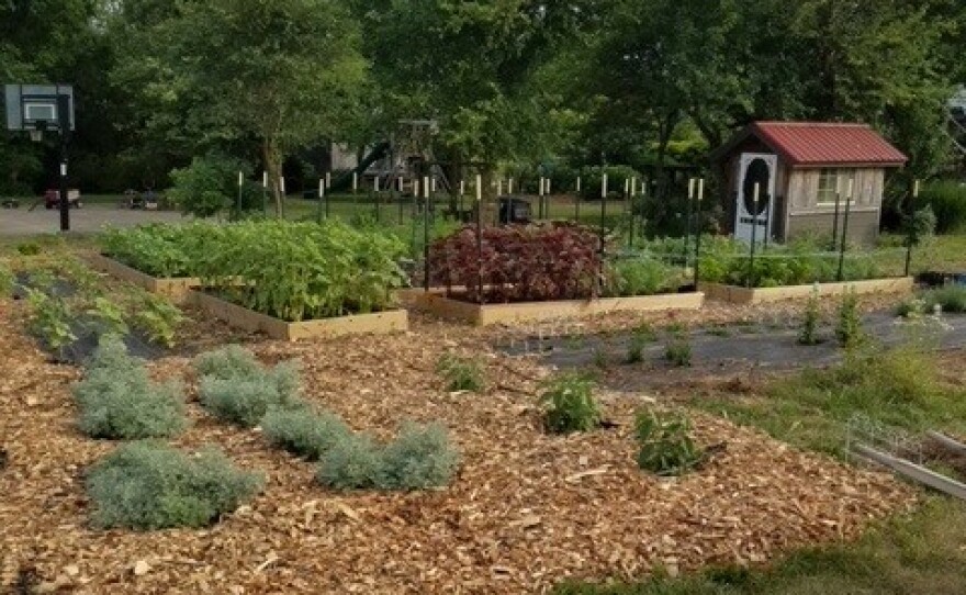 Wood chips used in flower beds at Agape Fields