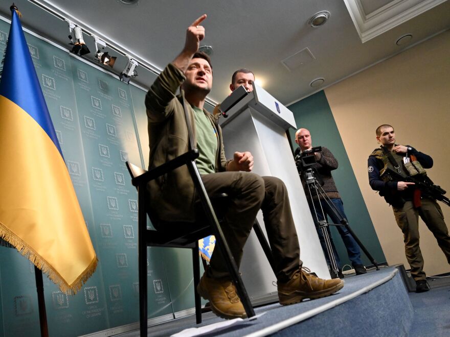 Ukrainian President Volodymyr Zelensky gestures as he speaks during a press conference in Kyiv on March 3, 2022.