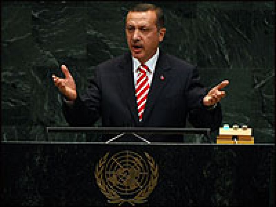 Turkish Prime Minister Recep Tayyip Erdogan addresses the United Nations General Assembly in this file photo. He was in Washington on Monday to meet with President Bush about the growing tensions between Turkey and Kurdish rebels in northern Iraq.