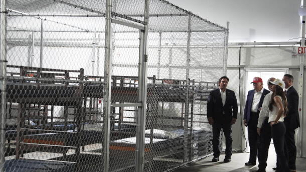 President Donald Trump, Gov. Ron DeSantis, R-Fla., and Homeland Security Secretary Kristi Noem, and others, tour "Alligator Alcatraz