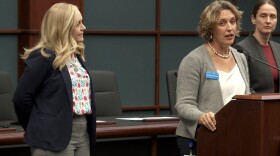 Erin Houchin and Kerry Thomson speaking at city hall.