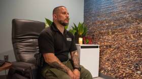 Sgt. Ray Figueroa of the Marietta Police Department in metro Atlanta sits in the agency's new wellness room, which some officers have dubbed “Zen den”. Departments across the country are placing more emphasis on officers' mental health and resiliency. (Katja Ridderbusch)