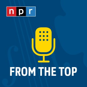 The From the Top logo, a yellow simple microphone in front of a blue background with the silhouette of a violin.