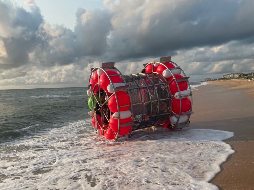 Reza Baluchi was taken in by the U.S. Coast Guard last week while trying to cross the Atlantic in a "hydro pod" made of buoys. Authorities in Flagler County, Fla., responded to Baluchi and his vessel in 2021 and posted photos of his vessel on Facebook.