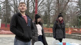 IU Democrats table to register voters prior to the 2022 primaries. Monroe County Circuit Court Judge candidate Karen Wrenbeck (right) assists.