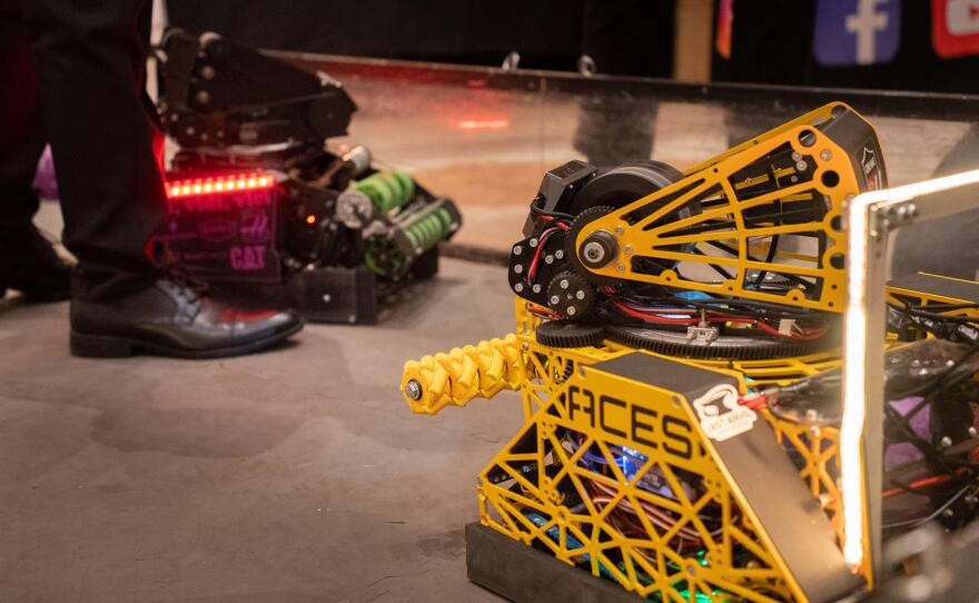 Students had the chance to demonstrate their robotics skills by throwing balls into a goal. March 31, 2026.