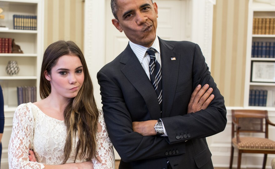 President Obama and Olympic gymnast McKayla Maroney strike her "McKayla is not impressed" pose at the White House in November.
