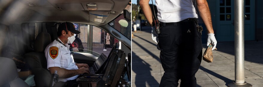 Paramedic Capt. Michael Mason, of the San Francisco Fire Department, takes a bag of drugs and paraphernalia to a nearby police station for disposal. The drugs were from a woman who'd just overdosed in a nearby fast food restaurant.