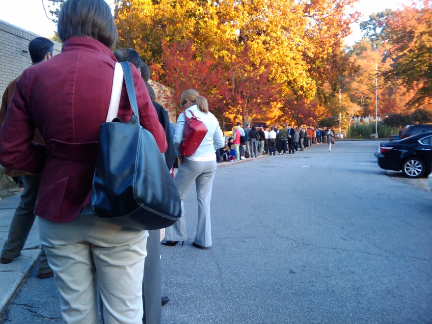 A long line of people waiting to vote.