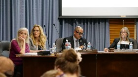 School board members Jeanette Wilson, Candy Olson, Superintendent Juan Cabral and board president Michelle Rendler at the August 19 meeting.