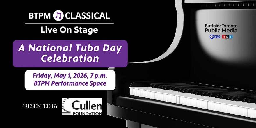 black grand piano and a black background. BTPM logo in the top right corner. In white on the left: BTPM Classical logo, LIVE ON STAGE, A National Tuba Day Celebration and the date, time, and location of the event, and PRESENTED BY followed by a logo for the cullen foundation