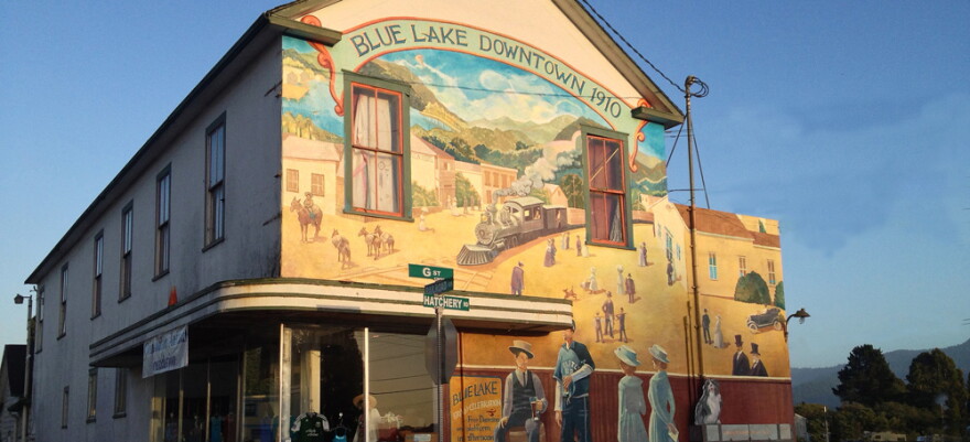 A mural on a building in downtown Blue Lake, California captures the historic feel of the tiny town in Humboldt County.