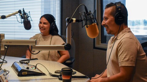Lorna Romero-Ferguson of Elevate Strategies and former congressional staffer Roy Herrera in KJZZ's studios on Friday, April 25, 2025.