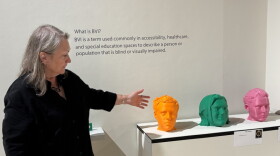 Director of Gallery and Outreach at NKU points to the opening of the exhibit Tactile Revolutions, called Meet the Team.