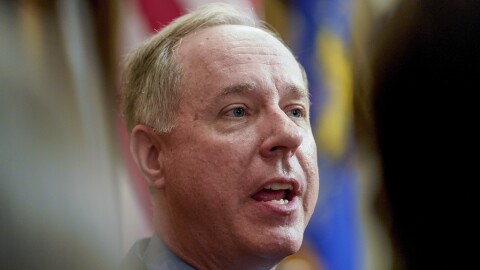 FILE - Wisconsin Assembly Speaker Robin Vos talks to the media after Gov. Tony Evers' State of the State speech at the state Capitol on Feb. 15, 2022, in Madison, Wis. Wisconsin Republican legislative leaders said Tuesday, Nov. 22, that they want to tap the state's projected record-high $6.6 billion budget surplus to make “transformational” and once-a-generation tax law changes, including eliminating a tax paid by businesses and lowering income taxes for the most wealthy filers.