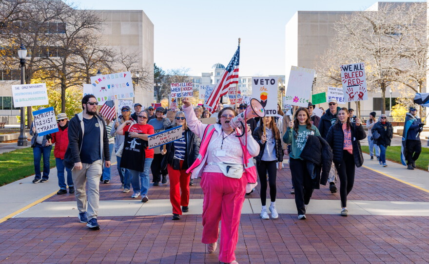 Thousands marched around Capitol Square in Lansing, Mich., for the fourth No Kings rally on Oct. 17, 2026.