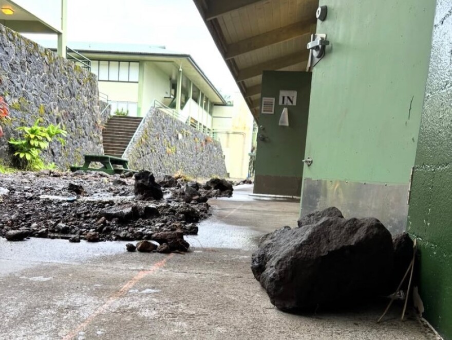 Debris left by flooding at Konawaena High School on Hawai'i Island. Damage to the school was assessed on March 18, 2026 after the Kona low storms.