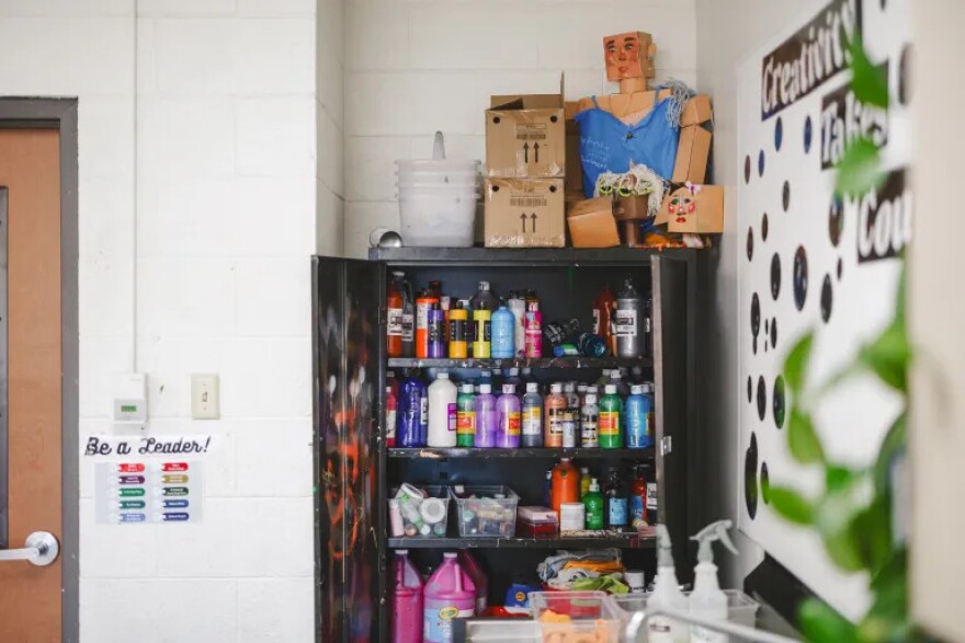Art supplies fill a cabinet in Holly Kurtzer's classroom, April 2, 2026. Kurtzer is an art teacher at Haxtun K-12.