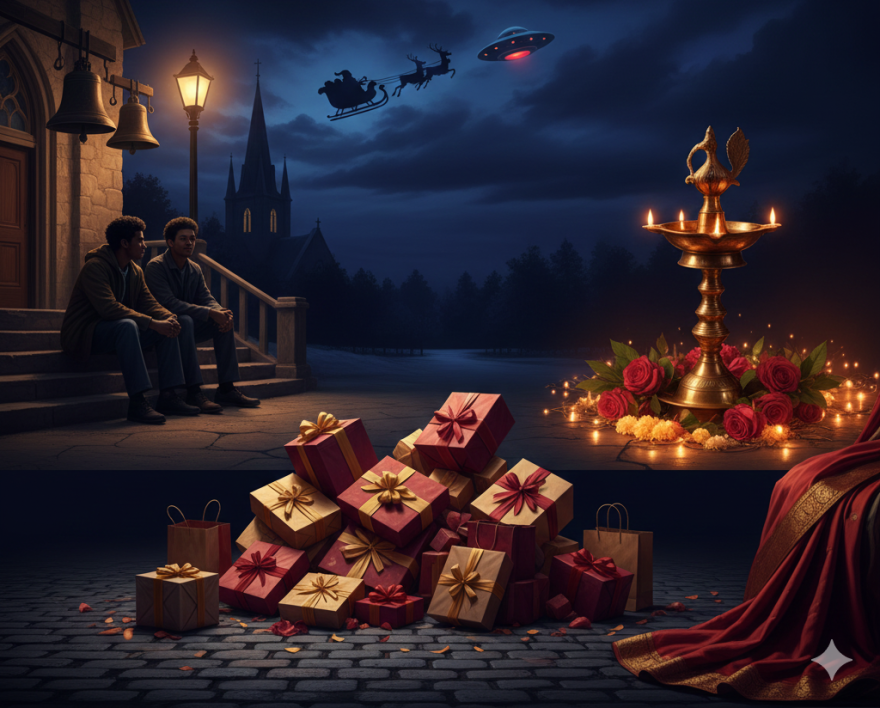 Broadway-style poster showing four holiday scenes: church steps, wrapped gifts, Santa's sleigh with an other-worldly travel companion, and glowing Diwali lamp.