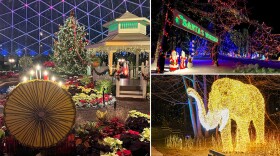 Holiday lights at (clockwise from left) the Mitchell Park Domes, Jellystone Park and the Milwaukee County Zoo.