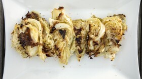 Chef Kathy Gunst’s roasted cabbage with chive-mustard-caper vinaigrette. (Robin Lubbock/WBUR)