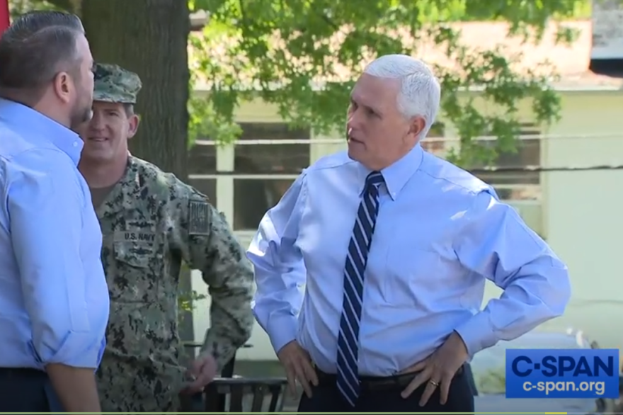 A screenshot of a C-SPAN video in which Vice President Mike Pence delivers PPE to a Virginia nursing home.