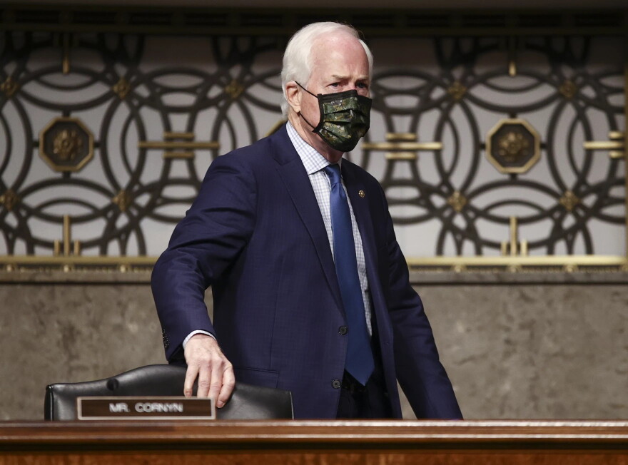 Sen. John Cornyn, R-Texas, arrives to attend a Senate Judiciary Committee hearing on Facebook and Twitter's actions around the closely contested election on Tuesday, Nov. 17, 2020, in Washington.