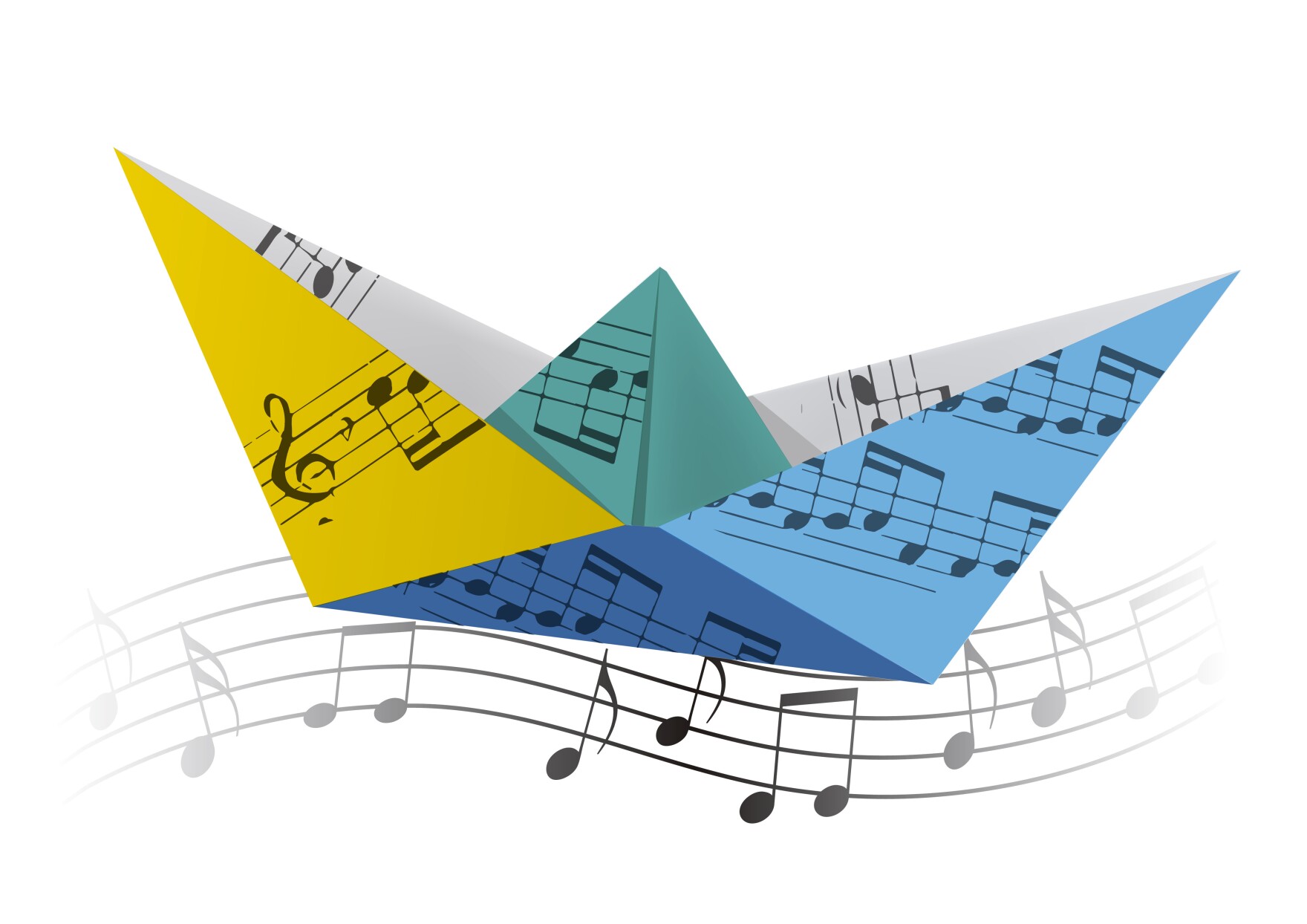  Colorful Origami boat on the wave with musical notes. Colorful 
