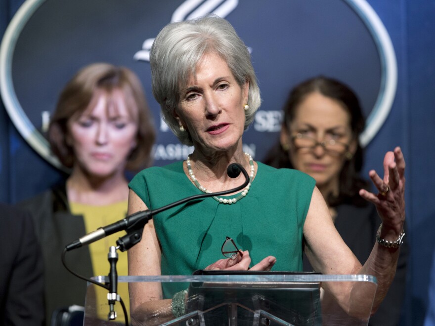 Health and Human Services Secretary Kathleen Sebelius (center), flanked by Centers for Medicare and Medicaid Services Acting Administrator Marilyn Tavenner (left) and Food and Drug Administration Commissioner Margaret Hamburg, speaks during a budget briefing in Washington on Wednesday.