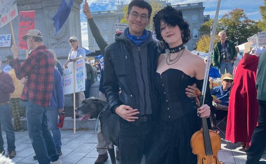 Kai Lachapell (left) and Autumn Anderson (right) attended the No Kings rally in Concord together. “I’ve never seen this many people in Concord ever,” Lachapell said. Anderson is a professional violinist and brought her 5-string viola to play for the crowds.