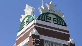 FILE - The Starbucks mermaid logo is displayed at the company's corporate headquarters in Seattle on April 26, 2021.