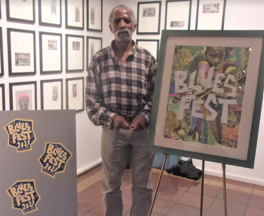 Artist and Art Professor Randell Henry stands next to 2023 Baton Rouge Blues Festival poster he designed