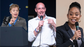 From left to right: Marcy Kaptur speaks at a podium, Greg Landsman speaks into a microphone, Shontel Brown speaks into a microphone.