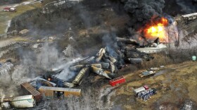 Portions of a Norfolk Southern freight train that derailed in East Palestine, Ohio, remained on fire by the following day on Feb. 4, 2023.