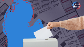 A graphic illustration of a hand placing a ballot into a white ballot box. Behind it is a blue silhouette of the state of Michigan outlined in red. The background includes a faded image of a ballot or election form with text and checkboxes. In the top-right corner is the circular “It’s Just Politics” logo.